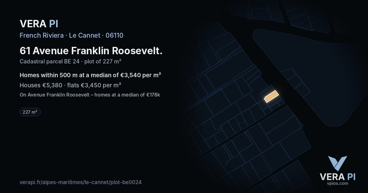 61 Avenue Franklin Roosevelt, Le Cannet at night – the plot lit, the parcels around coloured by the prices near them