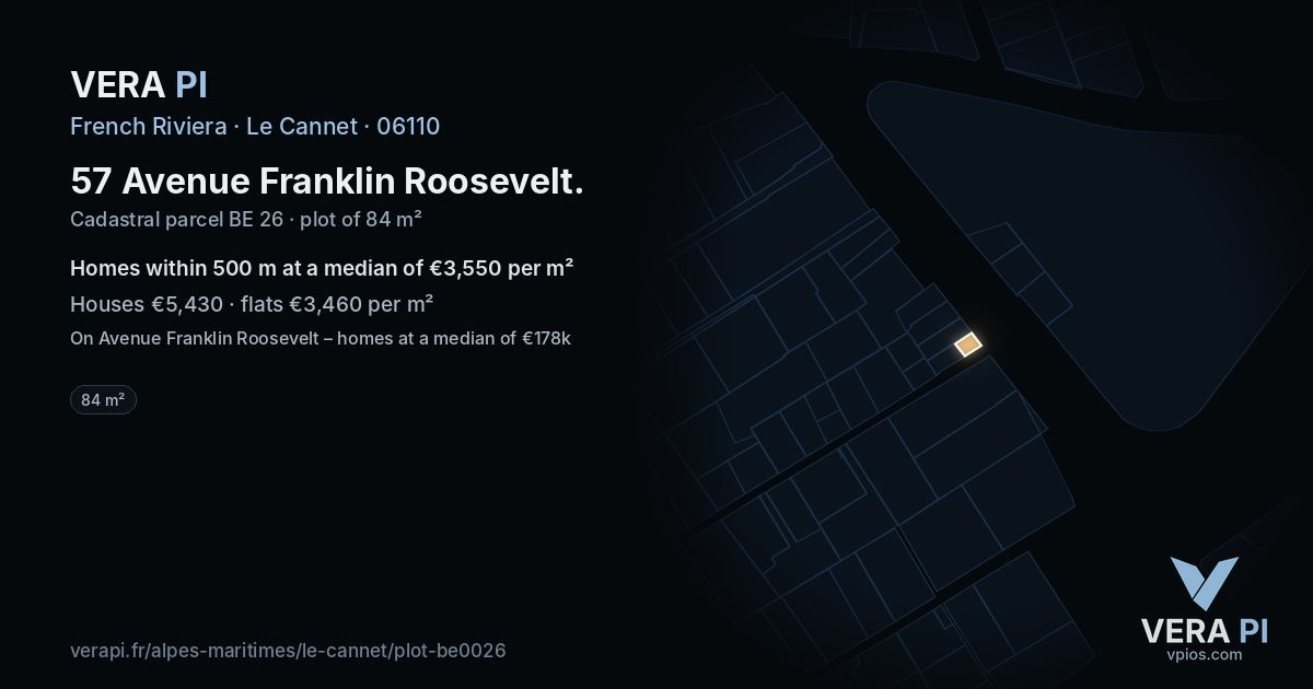 57 Avenue Franklin Roosevelt, Le Cannet at night – the plot lit, the parcels around coloured by the prices near them