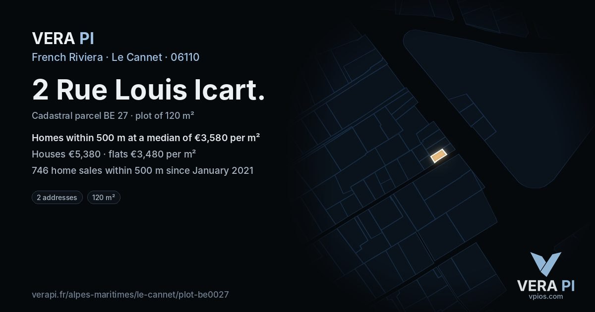 2 Rue Louis Icart, Le Cannet at night – the plot lit, the parcels around coloured by the prices near them