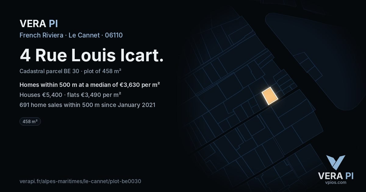 4 Rue Louis Icart, Le Cannet at night – the plot lit, the parcels around coloured by the prices near them
