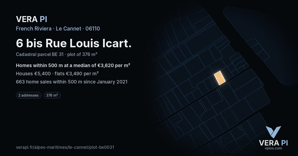 6 bis Rue Louis Icart, Le Cannet at night – the plot lit, the parcels around coloured by the prices near them