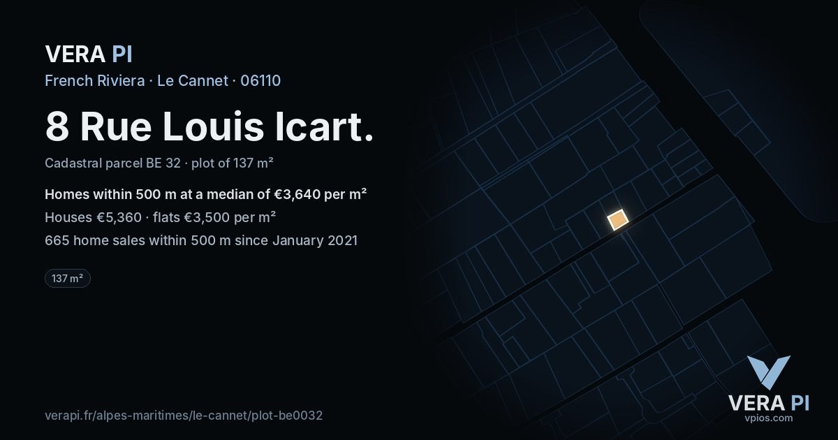 8 Rue Louis Icart, Le Cannet at night – the plot lit, the parcels around coloured by the prices near them