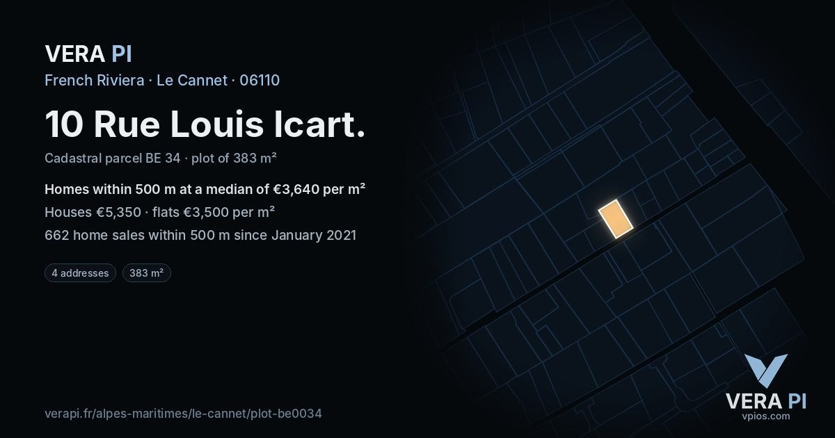 10 Rue Louis Icart, Le Cannet at night – the plot lit, the parcels around coloured by the prices near them