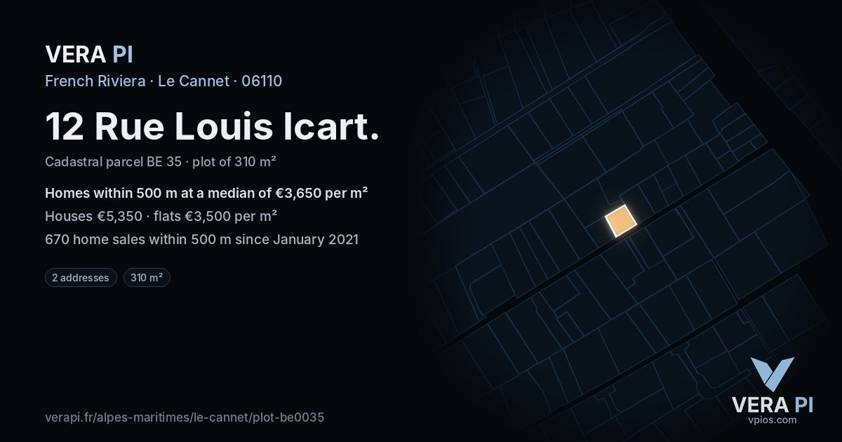 12 Rue Louis Icart, Le Cannet at night – the plot lit, the parcels around coloured by the prices near them