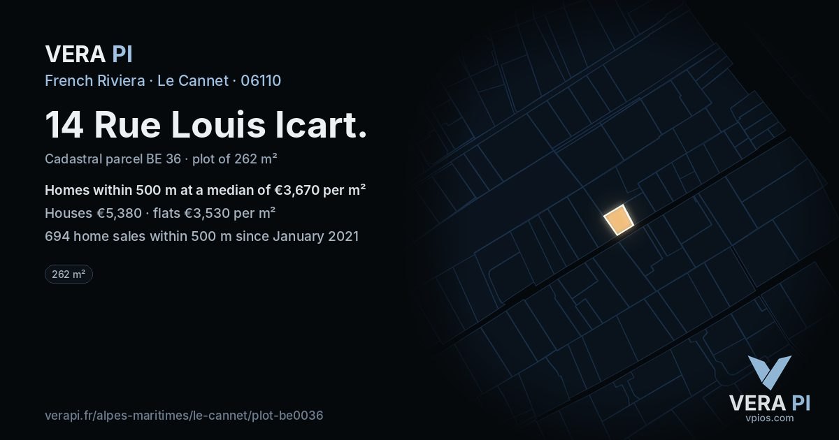 14 Rue Louis Icart, Le Cannet at night – the plot lit, the parcels around coloured by the prices near them