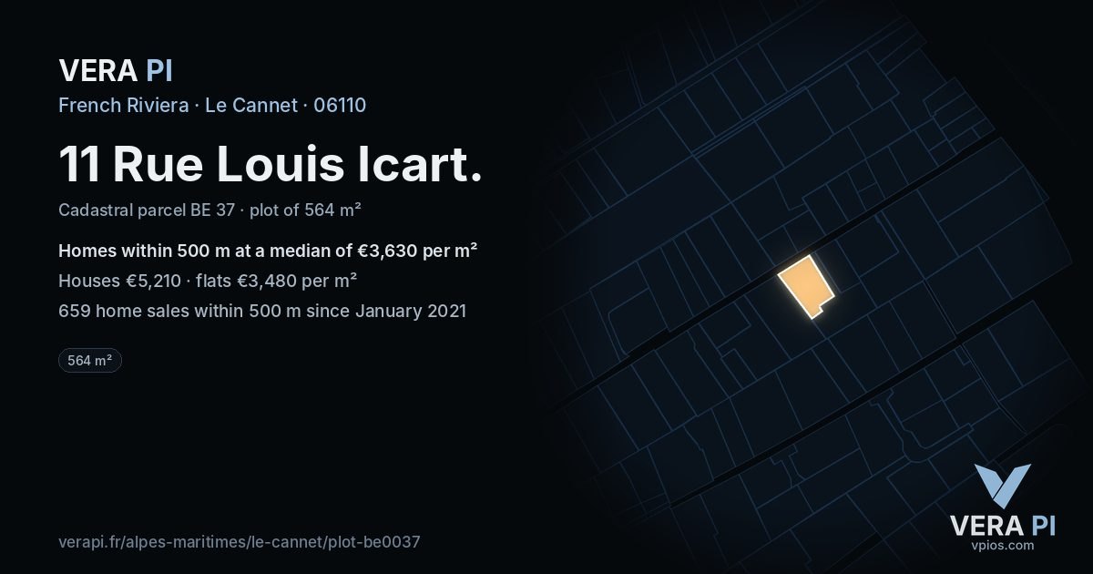11 Rue Louis Icart, Le Cannet at night – the plot lit, the parcels around coloured by the prices near them
