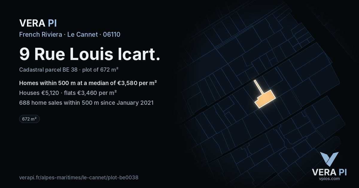 9 Rue Louis Icart, Le Cannet at night – the plot lit, the parcels around coloured by the prices near them