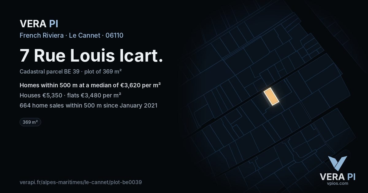 7 Rue Louis Icart, Le Cannet at night – the plot lit, the parcels around coloured by the prices near them