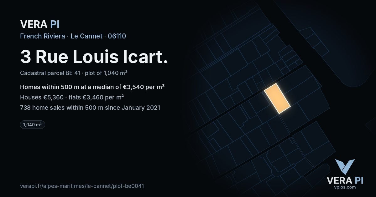 3 Rue Louis Icart, Le Cannet at night – the plot lit, the parcels around coloured by the prices near them