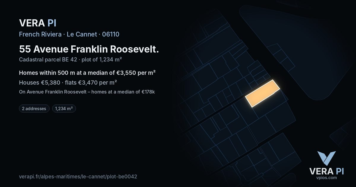 55 Avenue Franklin Roosevelt, Le Cannet at night – the plot lit, the parcels around coloured by the prices near them