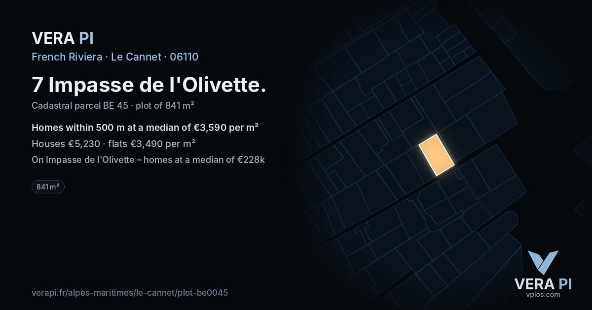 7 Impasse de l'Olivette, Le Cannet at night – the plot lit, the parcels around coloured by the prices near them