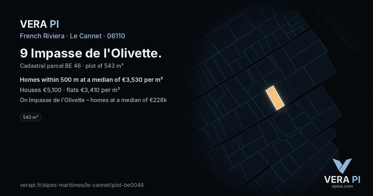 9 Impasse de l'Olivette, Le Cannet at night – the plot lit, the parcels around coloured by the prices near them