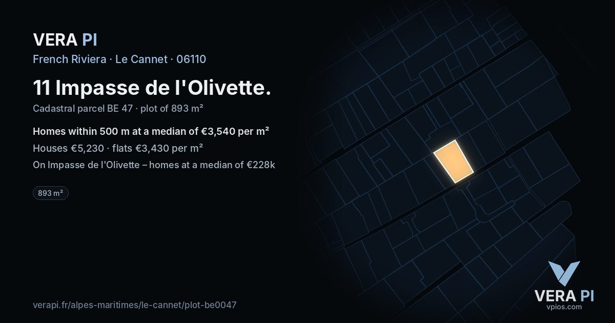 11 Impasse de l'Olivette, Le Cannet at night – the plot lit, the parcels around coloured by the prices near them