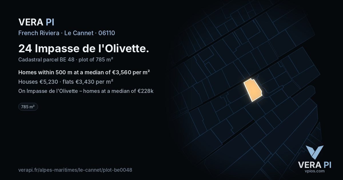 24 Impasse de l'Olivette, Le Cannet at night – the plot lit, the parcels around coloured by the prices near them