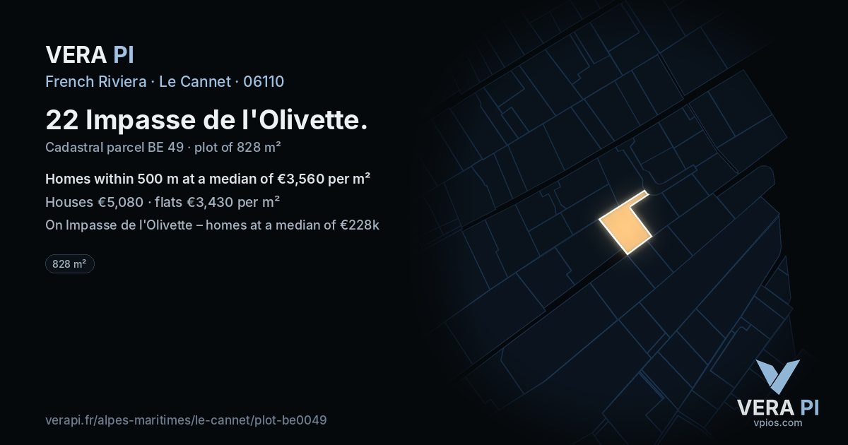 22 Impasse de l'Olivette, Le Cannet at night – the plot lit, the parcels around coloured by the prices near them