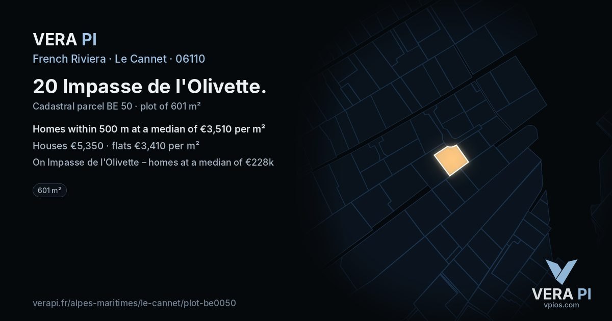 20 Impasse de l'Olivette, Le Cannet at night – the plot lit, the parcels around coloured by the prices near them