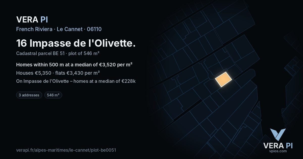 16 Impasse de l'Olivette, Le Cannet at night – the plot lit, the parcels around coloured by the prices near them