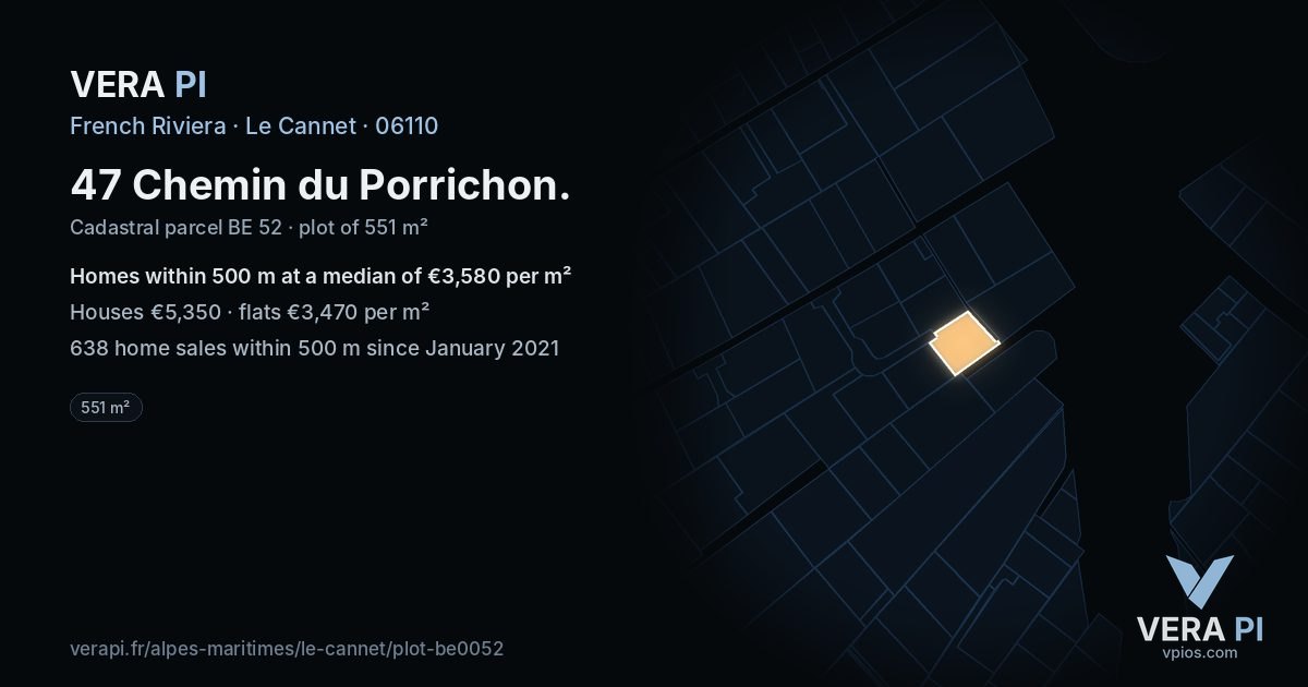 47 Chemin du Porrichon, Le Cannet at night – the plot lit, the parcels around coloured by the prices near them
