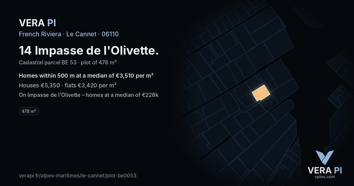 14 Impasse de l'Olivette, Le Cannet at night – the plot lit, the parcels around coloured by the prices near them