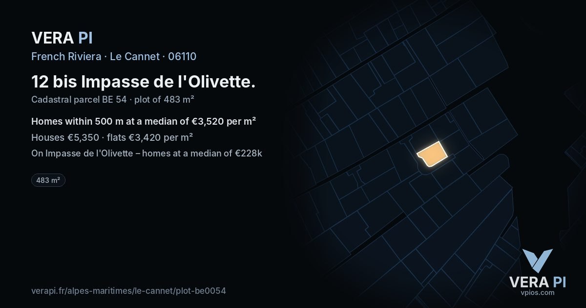 12 bis Impasse de l'Olivette, Le Cannet at night – the plot lit, the parcels around coloured by the prices near them