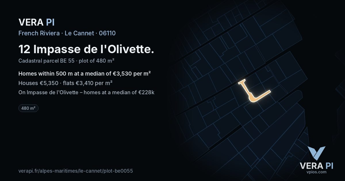 12 Impasse de l'Olivette, Le Cannet at night – the plot lit, the parcels around coloured by the prices near them