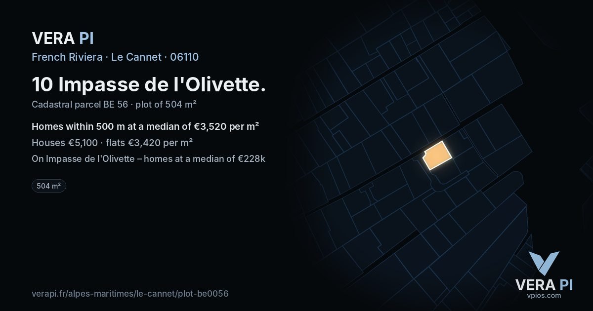 10 Impasse de l'Olivette, Le Cannet at night – the plot lit, the parcels around coloured by the prices near them