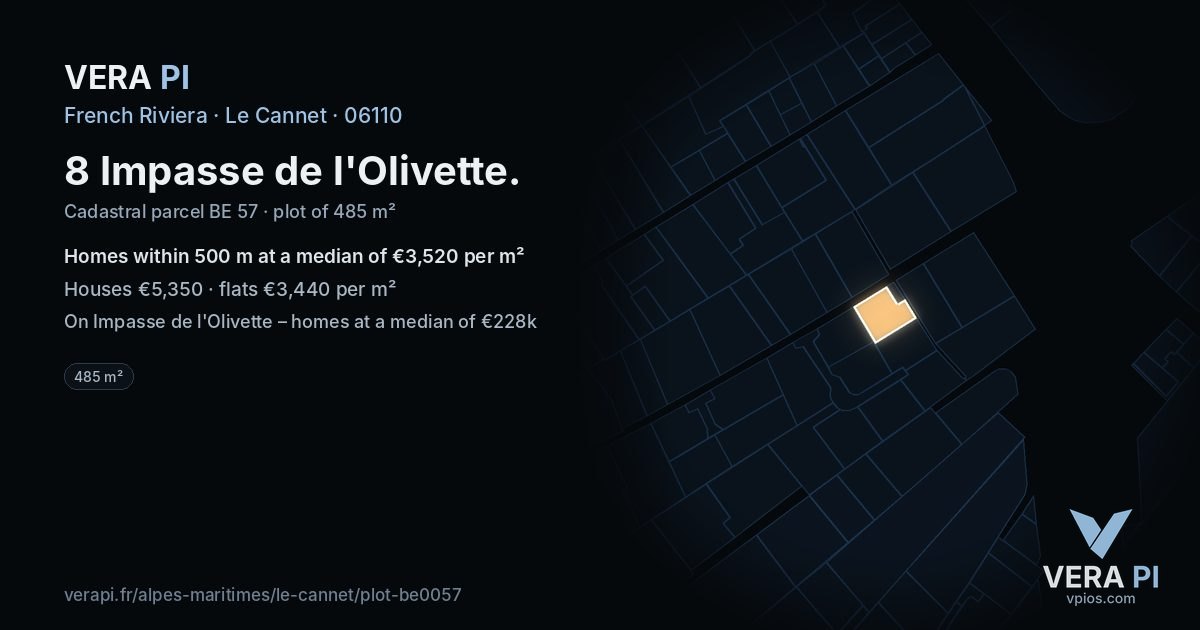 8 Impasse de l'Olivette, Le Cannet at night – the plot lit, the parcels around coloured by the prices near them