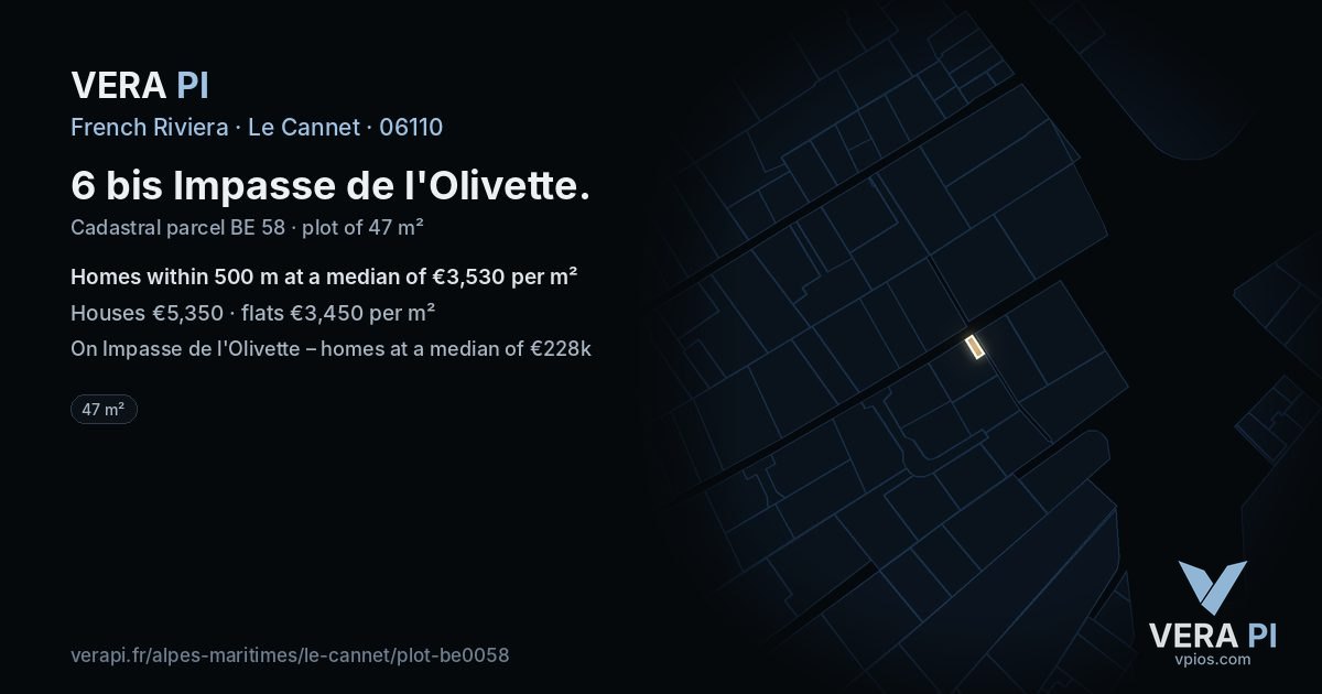 6 bis Impasse de l'Olivette, Le Cannet at night – the plot lit, the parcels around coloured by the prices near them