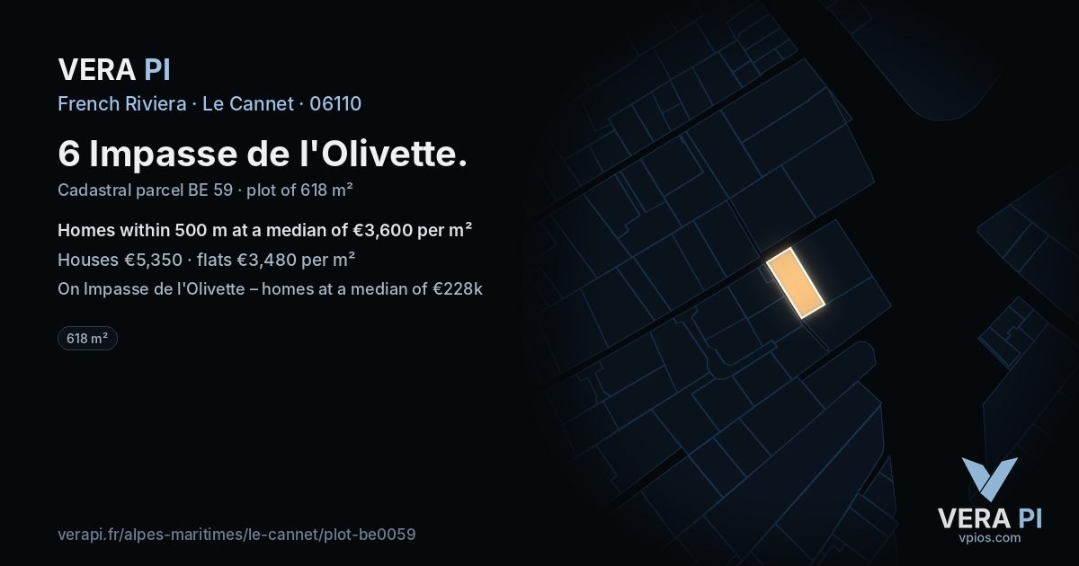 6 Impasse de l'Olivette, Le Cannet at night – the plot lit, the parcels around coloured by the prices near them