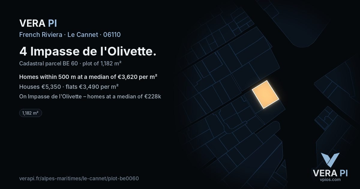 4 Impasse de l'Olivette, Le Cannet at night – the plot lit, the parcels around coloured by the prices near them