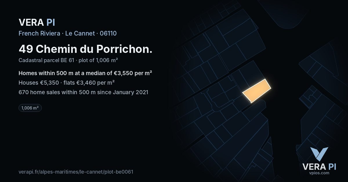 49 Chemin du Porrichon, Le Cannet at night – the plot lit, the parcels around coloured by the prices near them