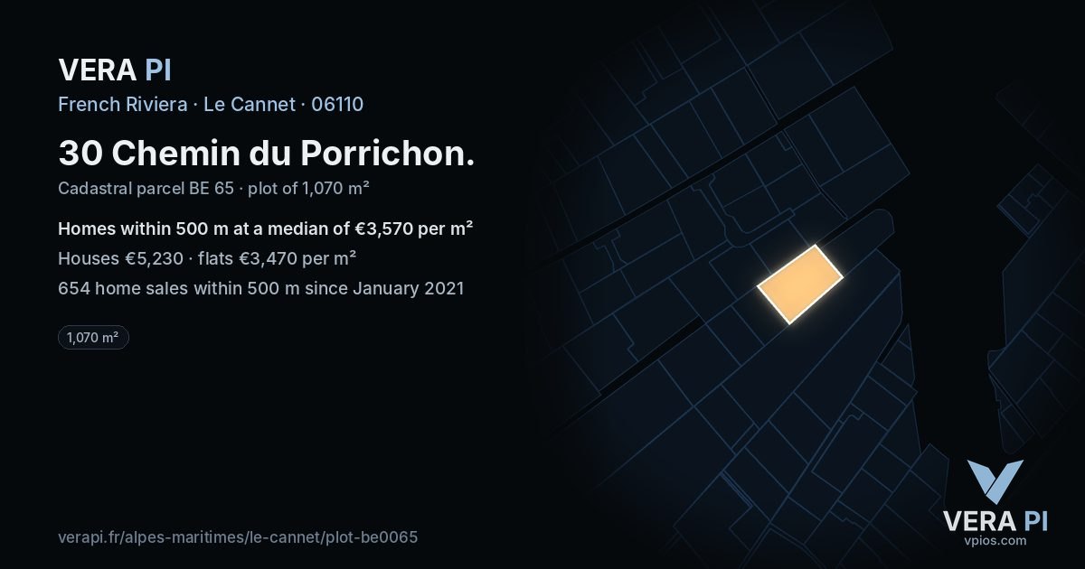 30 Chemin du Porrichon, Le Cannet at night – the plot lit, the parcels around coloured by the prices near them