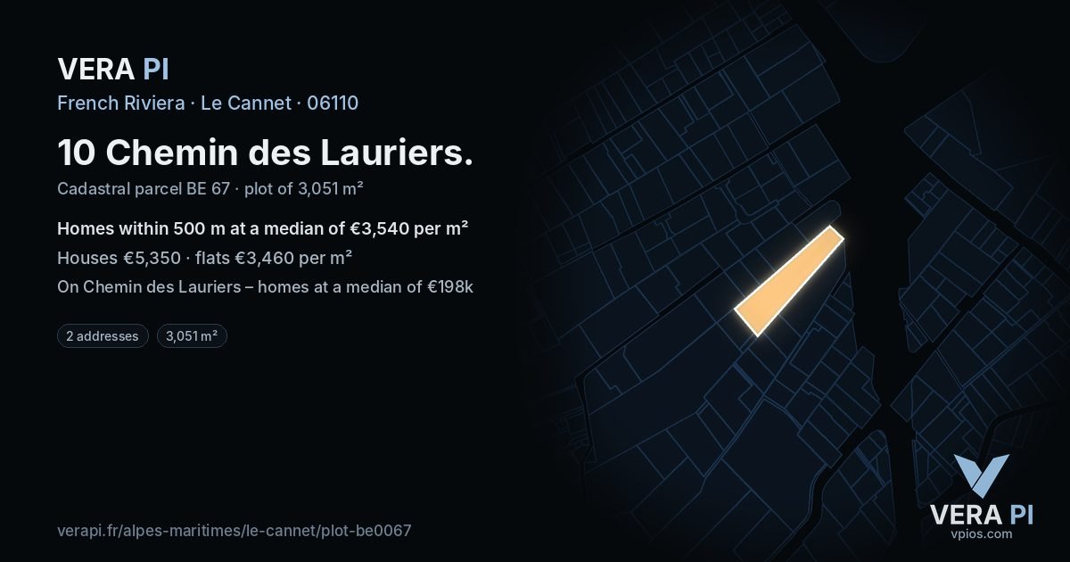 10 Chemin des Lauriers, Le Cannet at night – the plot lit, the parcels around coloured by the prices near them