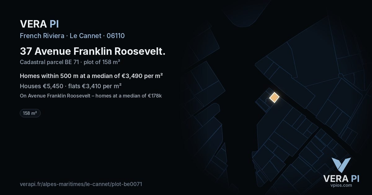 37 Avenue Franklin Roosevelt, Le Cannet at night – the plot lit, the parcels around coloured by the prices near them
