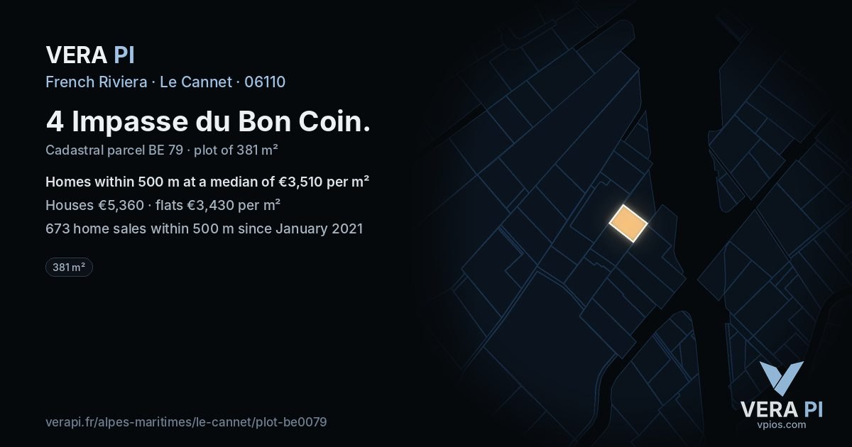 4 Impasse du Bon Coin, Le Cannet at night – the plot lit, the parcels around coloured by the prices near them