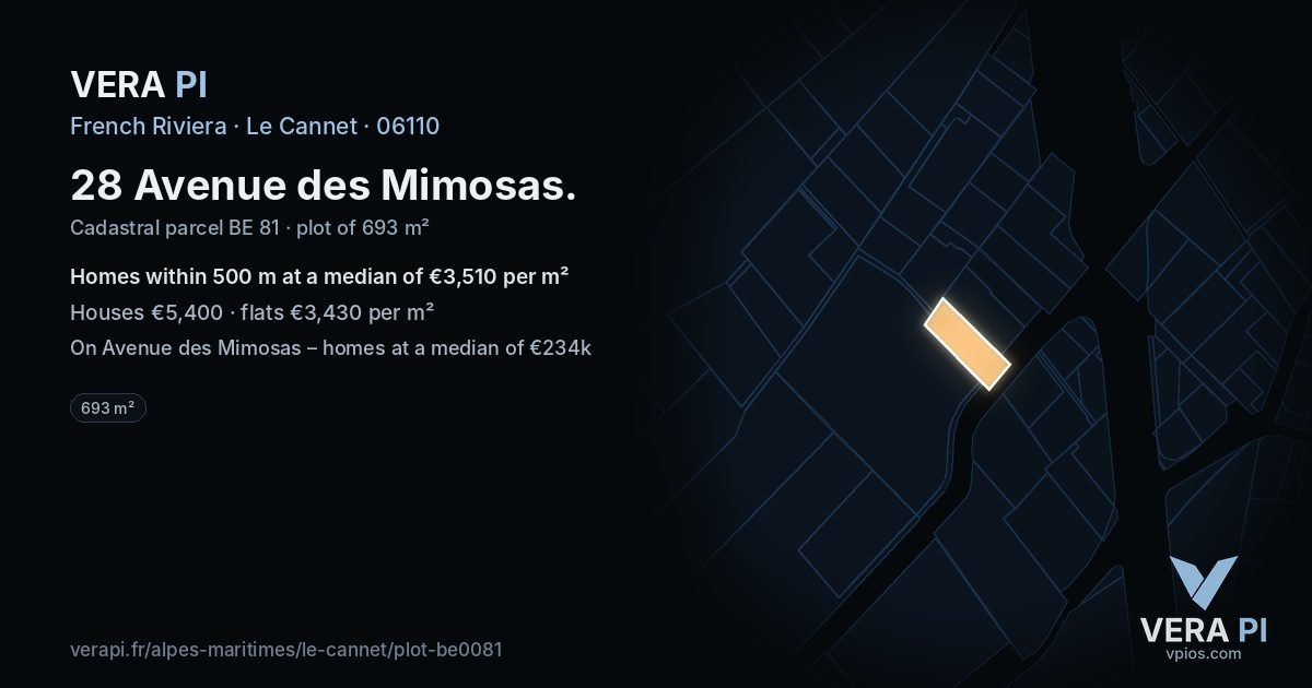 28 Avenue des Mimosas, Le Cannet at night – the plot lit, the parcels around coloured by the prices near them