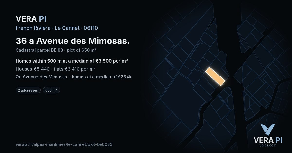 36 a Avenue des Mimosas, Le Cannet at night – the plot lit, the parcels around coloured by the prices near them