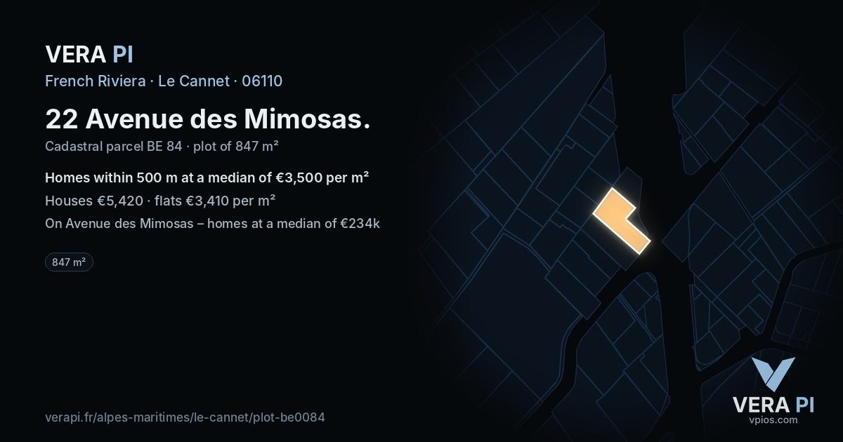22 Avenue des Mimosas, Le Cannet at night – the plot lit, the parcels around coloured by the prices near them