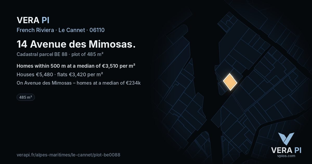 14 Avenue des Mimosas, Le Cannet at night – the plot lit, the parcels around coloured by the prices near them