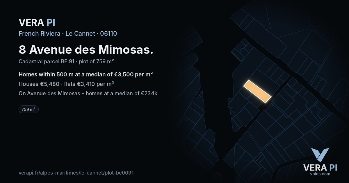 8 Avenue des Mimosas, Le Cannet at night – the plot lit, the parcels around coloured by the prices near them
