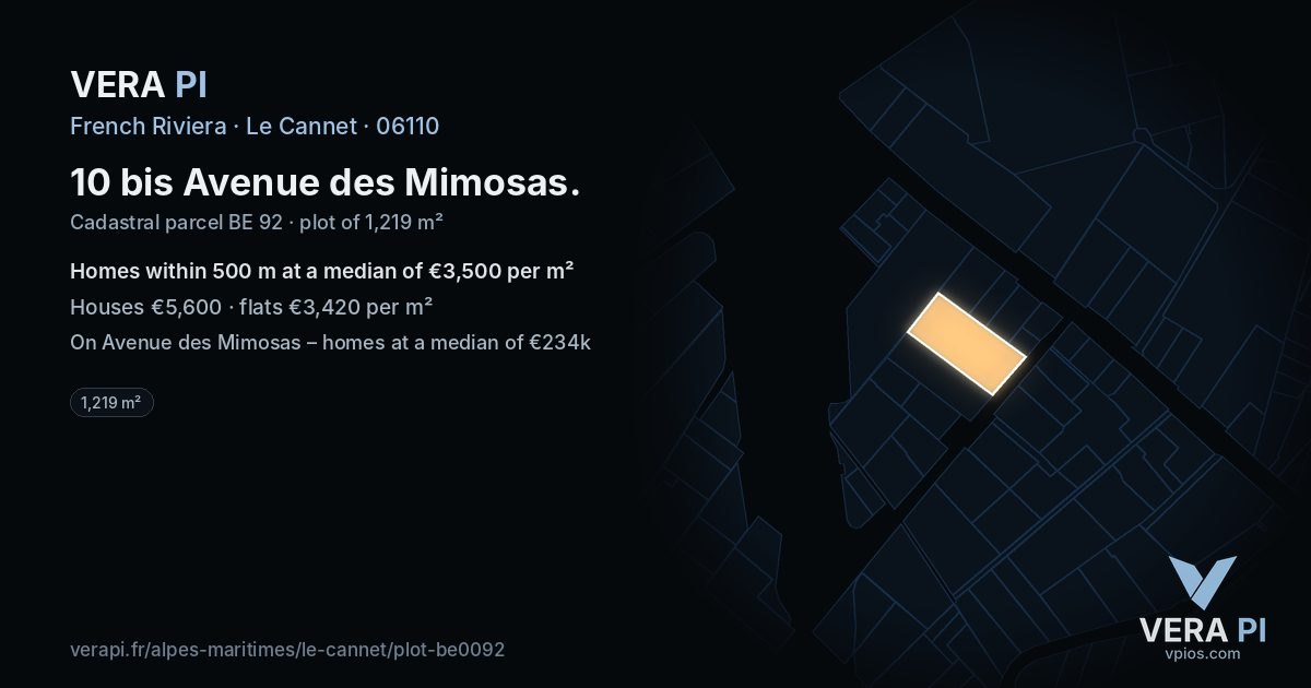 10 bis Avenue des Mimosas, Le Cannet at night – the plot lit, the parcels around coloured by the prices near them