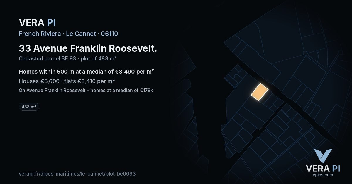 33 Avenue Franklin Roosevelt, Le Cannet at night – the plot lit, the parcels around coloured by the prices near them
