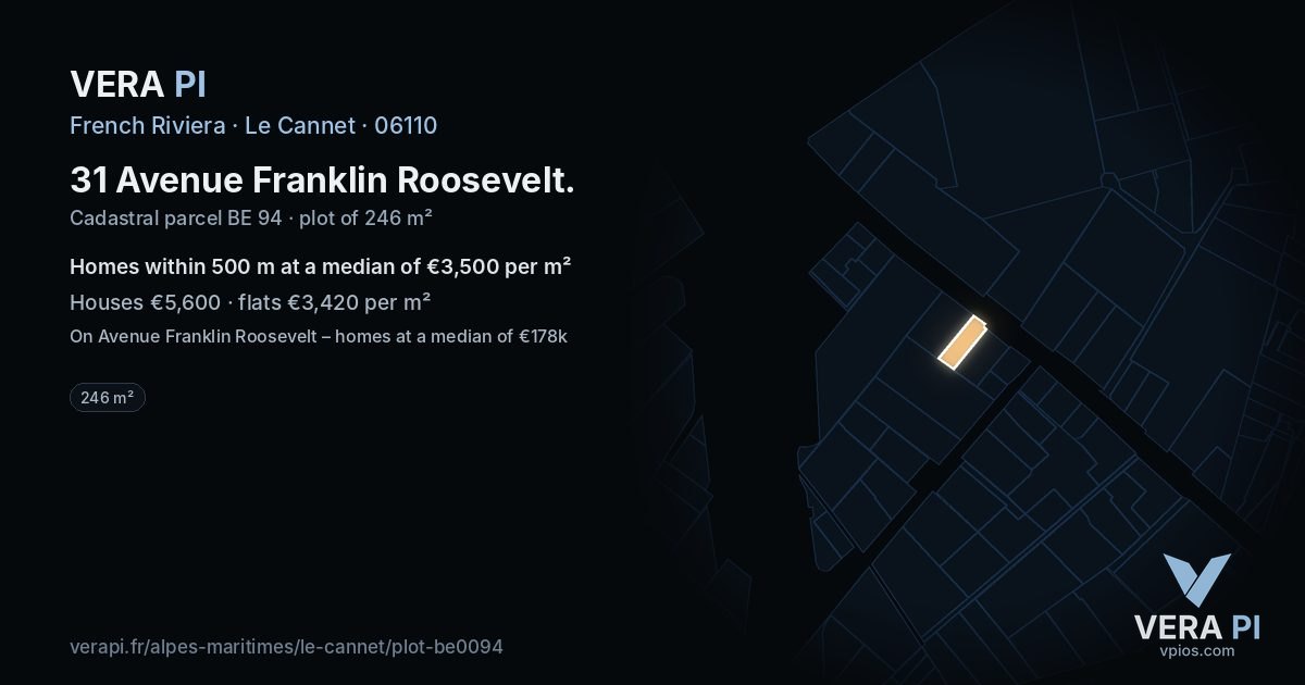 31 Avenue Franklin Roosevelt, Le Cannet at night – the plot lit, the parcels around coloured by the prices near them