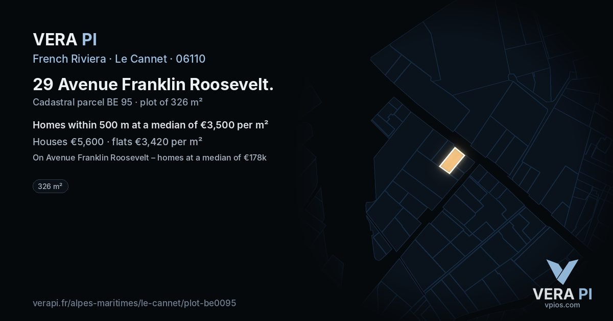29 Avenue Franklin Roosevelt, Le Cannet at night – the plot lit, the parcels around coloured by the prices near them