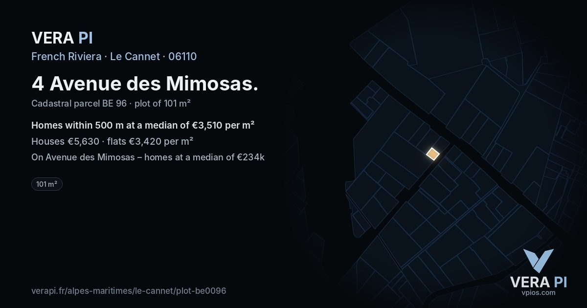 4 Avenue des Mimosas, Le Cannet at night – the plot lit, the parcels around coloured by the prices near them