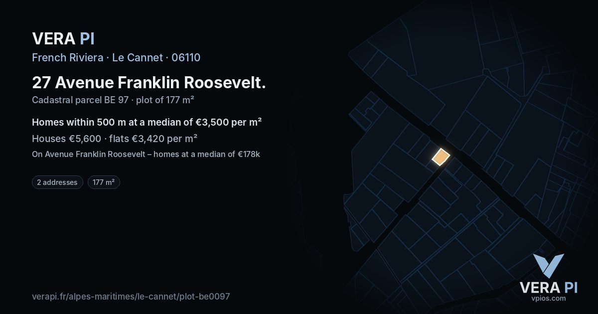 27 Avenue Franklin Roosevelt, Le Cannet at night – the plot lit, the parcels around coloured by the prices near them