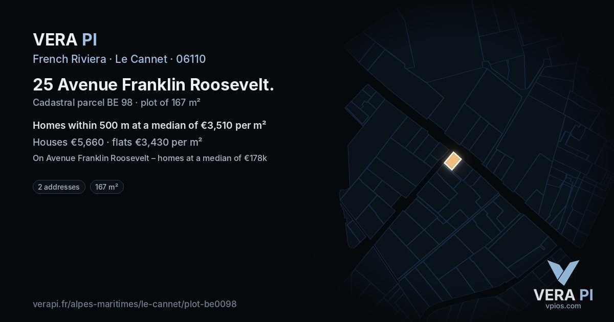 25 Avenue Franklin Roosevelt, Le Cannet at night – the plot lit, the parcels around coloured by the prices near them
