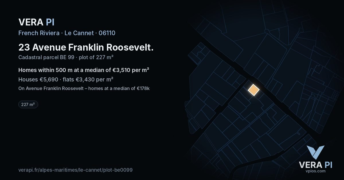 23 Avenue Franklin Roosevelt, Le Cannet at night – the plot lit, the parcels around coloured by the prices near them