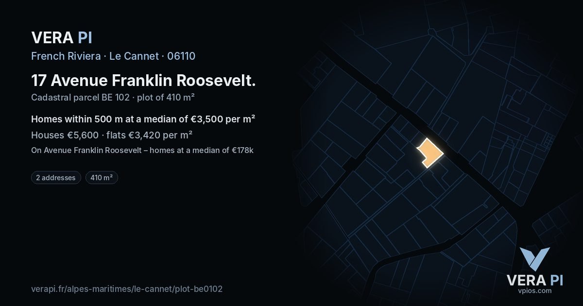 17 Avenue Franklin Roosevelt, Le Cannet at night – the plot lit, the parcels around coloured by the prices near them