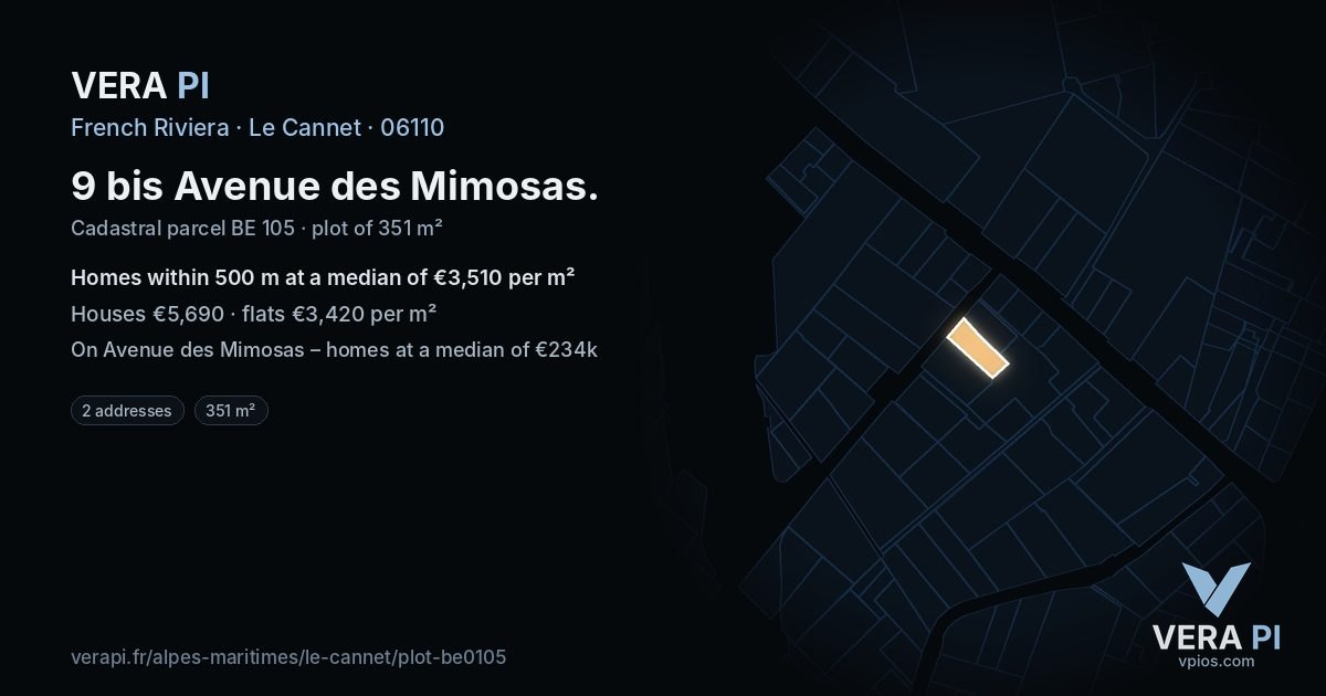9 bis Avenue des Mimosas, Le Cannet at night – the plot lit, the parcels around coloured by the prices near them